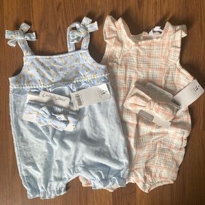 Two Emily & Oliver onesies with matching headbands 18M NWT
